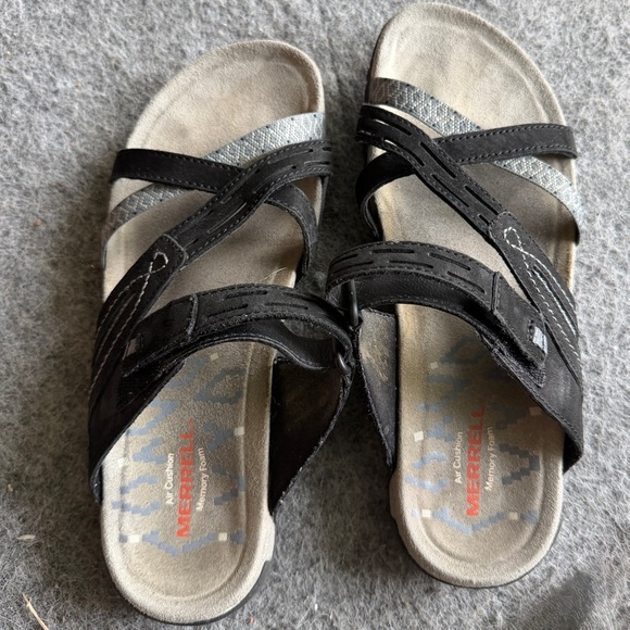 Merrell Shoes - Merrell Black Leather Comfort Slide Sandal Air Cushion Select Grip Women Size 6